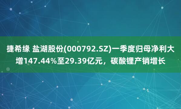 捷希缘 盐湖股份(000792.SZ)一季度归母净利大增147.44%至29.39亿元，碳酸锂产销增长